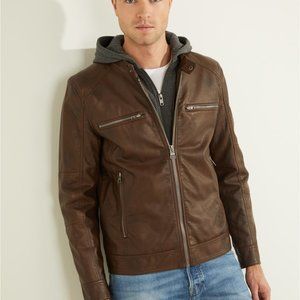 GUESS Men's Faux Leather Hooded Moto Jacket Size L